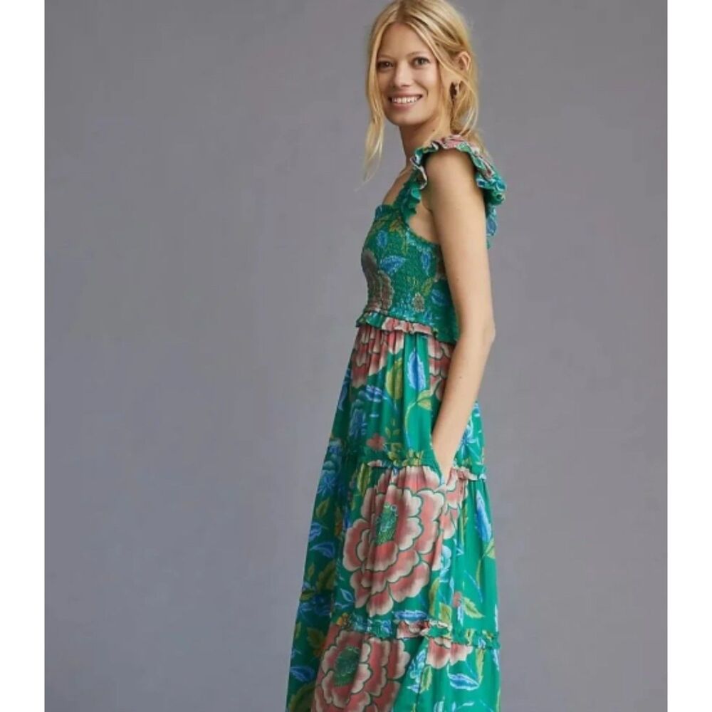 SZ M Love The Label Anthropologie Sleeveless Maxi Dress Green Floral Print - Picture 2 of 11